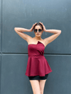 Kadın Straplez Peplum Kesim Şık Bluz - Bordo