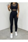 KADIN TÜL DETAYLI ASKILI CROP BLUZ VE NERVÜR DETAYLI SLİM FİT PANTOLON ALT ÜST TAKIM ZYN-58661 - SİYAH