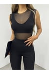 KADIN TÜL DETAYLI ASKILI CROP BLUZ VE NERVÜR DETAYLI SLİM FİT PANTOLON ALT ÜST TAKIM ZYN-58661 - SİYAH