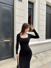 Kadın Uzun Kollu Kare Yaka Fit Maxi Elbise - Si̇yah 2