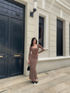 Kadın Uzun Kollu Kare Yaka Fit Maxi Elbise - Vizon