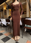 Kadın Uzun Kollu Kare Yaka Fit Maxi Elbise - Kahverengi