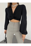 Kadın V Yaka Büzgülü Uzun Kol Crop Bluz Zyn-58396 - Siyah