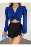Kadın V Yaka Büzgülü Uzun Kol Crop Bluz Zyn-58396 - SAKS