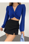 Kadın V Yaka Büzgülü Uzun Kol Crop Bluz Zyn-58396 - SAKS