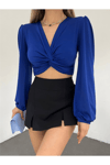 Kadın V Yaka Büzgülü Uzun Kol Crop Bluz Zyn-58396 - SAKS