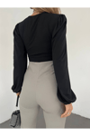 Kadın V Yaka Büzgülü Uzun Kol Crop Bluz Zyn-58396 - Siyah