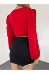 Kadın V Yaka Büzgülü Uzun Kol Crop Bluz Zyn-58396 - KIRIMIZI