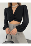 Kadın V Yaka Büzgülü Uzun Kol Crop Bluz Zyn-58396 - Siyah