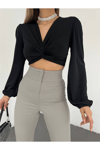 Kadın V Yaka Büzgülü Uzun Kol Crop Bluz Zyn-58396 - Siyah
