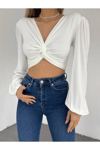 Kadın V Yaka Büzgülü Uzun Kol Crop Bluz Zyn-58396 - BEYAZ