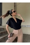 Kadın Yarasa Kol Kruvaze Yaka Bluz Zyn-58492 - Siyah