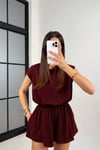 Kısa Kol Şortlu Elbise - Şarap Rengi