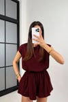 Kısa Kollu Etekli Tulum - Koyu Bordo