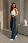 Yüksek Bel Dökümlü Jean Pantolon - Denim Mavi