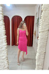 SATEN ASİMETRİK KESİM PEMBE ELBİSE