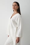 Kadın Beyaz Düğmeli V Yaka Kimono & Beli Lastikli Pantolon Keten Alt & Üst Takım