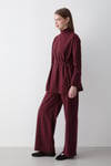 Kadın Bordo Dik Yaka Kuşaklı Tunik & Düğme Detaylı Beli Lastikli Pantolon Alt&Üst Takım