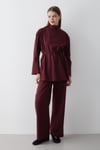 Kadın Bordo Dik Yaka Kuşaklı Tunik & Düğme Detaylı Beli Lastikli Pantolon Alt&Üst Takım