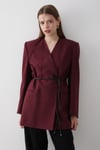 Kadın Bordo Kruvaze Kemer Detaylı Oversize Blazer Ceket
