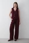 Kadın Bordo Kurdele Detaylı Yelek & Düğme Detaylı Beli Lastikli Pantolon Alt&Üst Takım