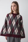 Kadın Bordo Oversize Argyle Desenli Triko Kazak