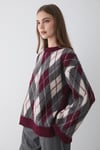 Kadın Bordo Oversize Argyle Desenli Triko Kazak