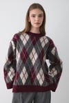 Kadın Bordo Oversize Argyle Desenli Triko Kazak