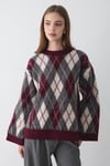 Kadın Bordo Oversize Argyle Desenli Triko Kazak