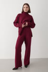 Kadın Bordo Oversize Balıkçı Yaka Triko Kazak & Beli Lastikli Pantolon Alt&Üst Takım