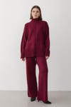Kadın Bordo Oversize Balıkçı Yaka Triko Kazak & Beli Lastikli Pantolon Alt&Üst Takım
