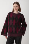 Kadın Bordo-Siyah Oversize Argyle Desenli Triko Kazak
