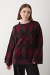Kadın Bordo-Siyah Oversize Argyle Desenli Triko Kazak