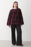 Kadın Bordo-Siyah Oversize Argyle Desenli Triko Kazak