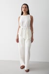 Kadın Ekru Keten Bisiklet Yaka Yelekli Kuşaklı Pantolon Alt & Üst Takım