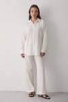 Kadın Ekru Oversize Keten Gömlek & Pantolon Takım Bağcıklı