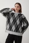Kadın Gri Oversize Argyle Desenli Triko Kazak