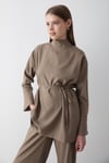 Kadın Haki Dik Yaka Kuşaklı Tunik & Düğme Detaylı Beli Lastikli Pantolon Alt&Üst Takım