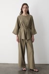 Kadın Haki Keten Oversize Üst Bluz & Lastikli Bol Paça Pantolon Alt & Üst Takım