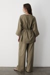 Kadın Haki Keten Oversize Üst Bluz & Lastikli Bol Paça Pantolon Alt & Üst Takım