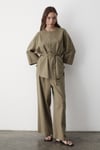Kadın Haki Keten Oversize Üst Bluz & Lastikli Bol Paça Pantolon Alt & Üst Takım
