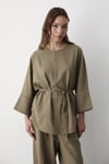 Kadın Haki Keten Oversize Üst Bluz & Lastikli Bol Paça Pantolon Alt & Üst Takım