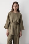 Kadın Haki Keten Oversize Üst Bluz & Lastikli Bol Paça Pantolon Alt & Üst Takım