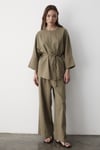 Kadın Haki Keten Oversize Üst Bluz & Lastikli Bol Paça Pantolon Alt & Üst Takım