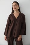 Kadın Kahverengi Düğmeli V Yaka Kimono & Beli Lastikli Pantolon Keten Alt & Üst Takım