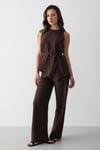 Kadın Kahverengi Keten Bisiklet Yaka Yelekli Kuşaklı Pantolon Takım