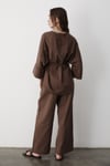 Kadın Kahverengi Keten Oversize Üst Bluz & Lastikli Bol Paça Pantolon Alt & Üst Takım