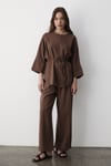 Kadın Kahverengi Keten Oversize Üst Bluz & Lastikli Bol Paça Pantolon Alt & Üst Takım
