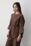 Kadın Kahverengi Keten Oversize Üst Bluz & Lastikli Bol Paça Pantolon Alt & Üst Takım