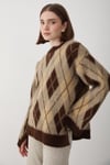 Kadın Kahverengi Oversize Argyle Desenli Triko Kazak